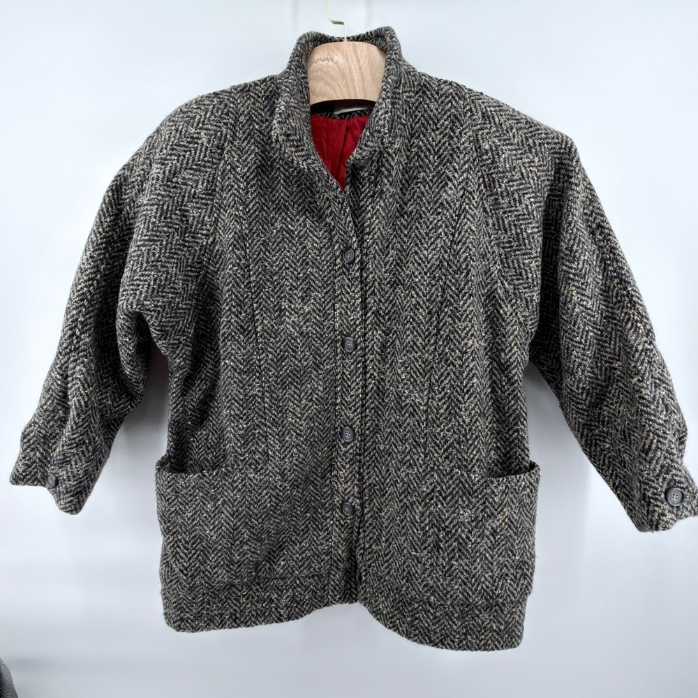 Vintage Ferncroft Womens Tweed Wool Coat Jacket Herringbone Made USA Red Lined